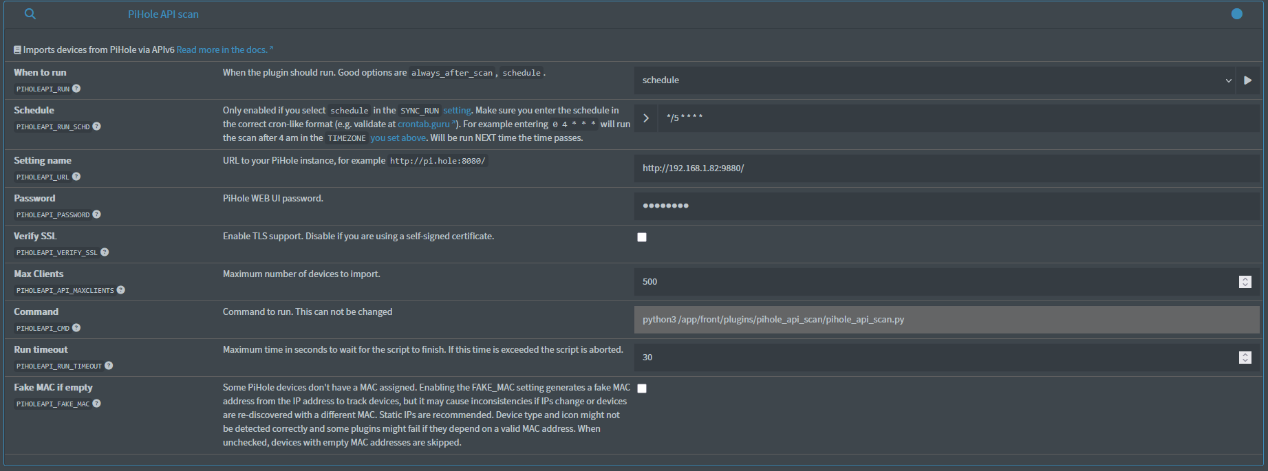 PIHOLEAPI sample settings
