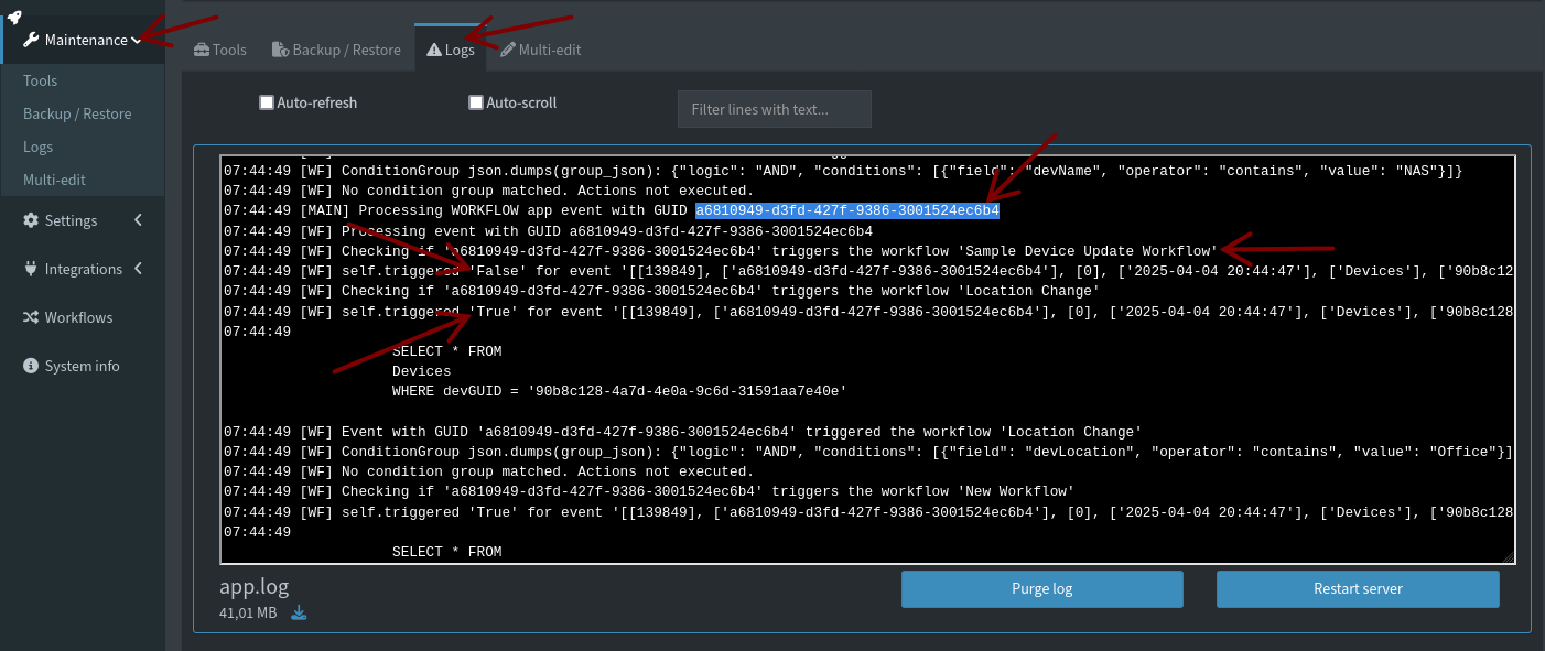 Log events search