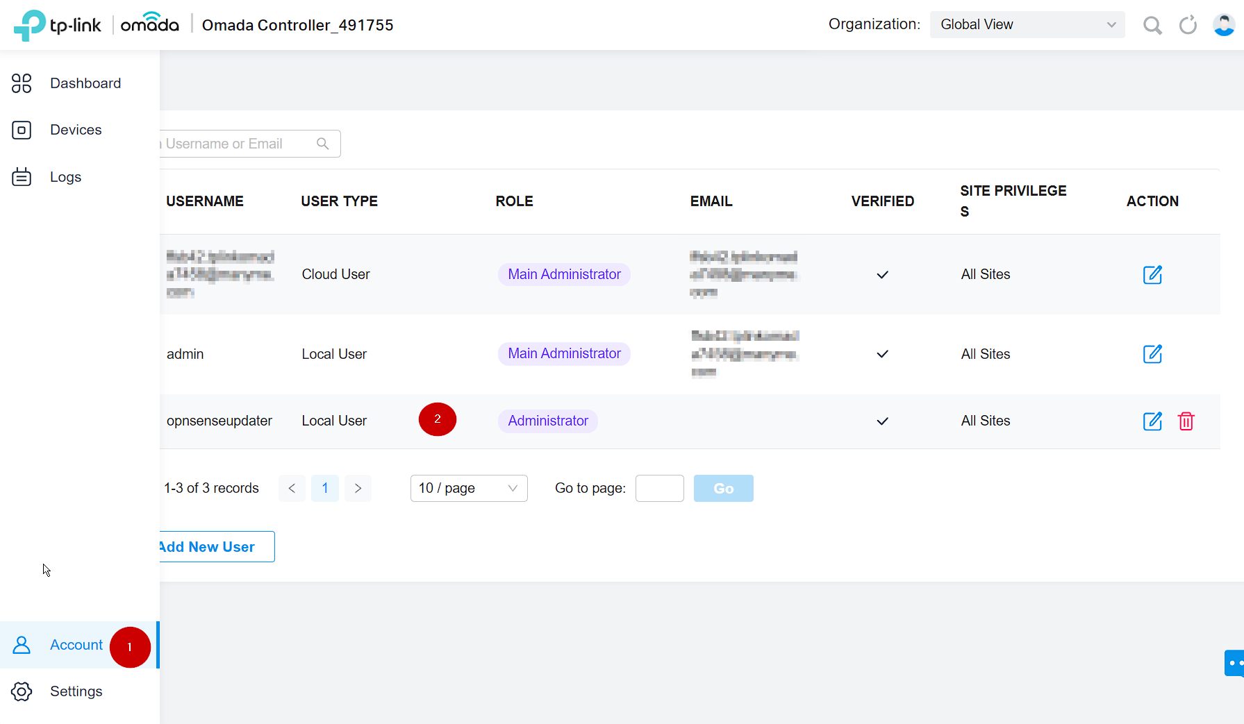 OMADA SDN account page